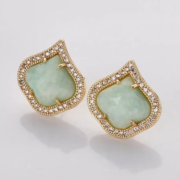 Moroccan ogee shaped natural Amazonite stud earrings with zirconia; brass; nwot - Picture 1 of 7